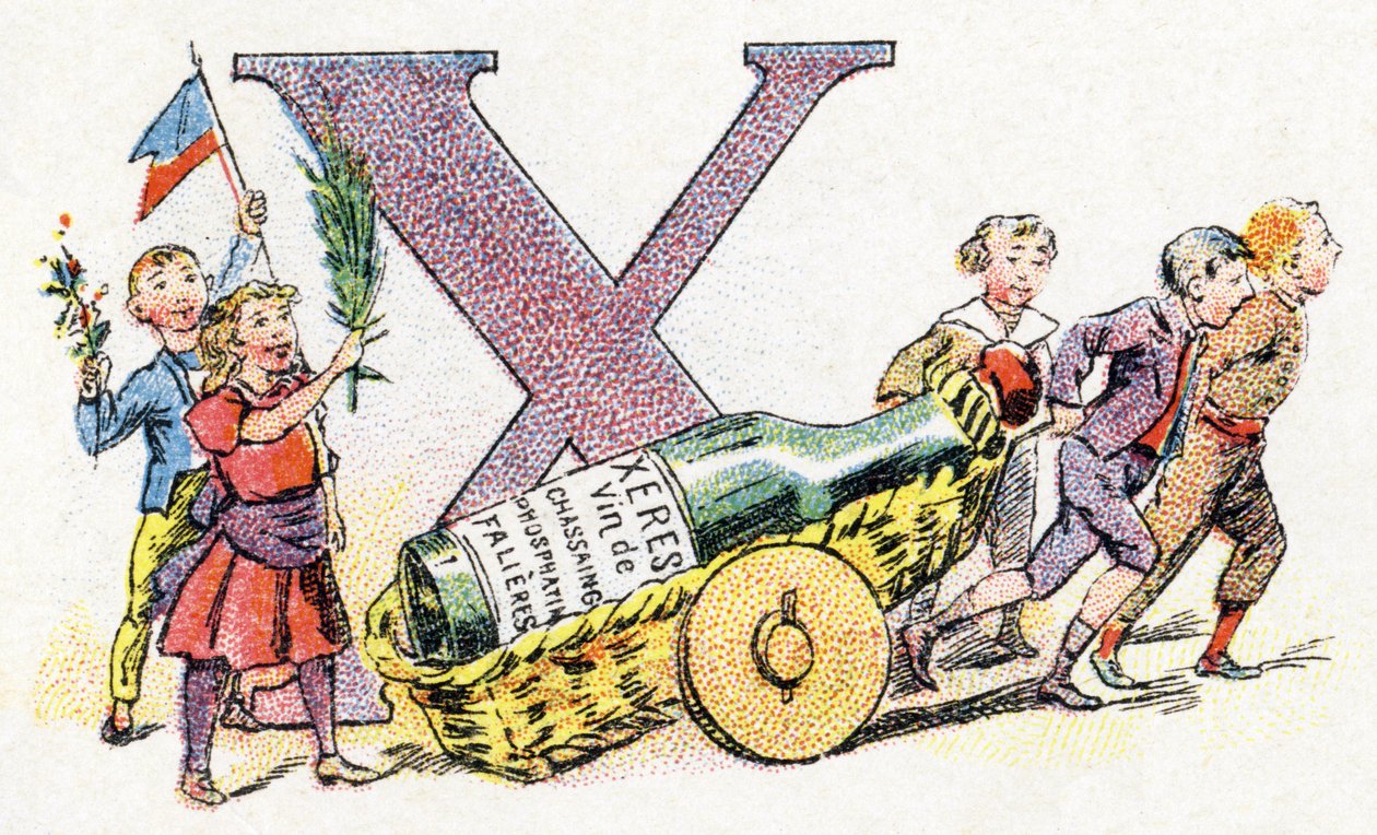 Litera X: Xeres. Alfabet fosfatyny Falieres. Rytownictwo. Alfabet Brevete S.G.D.G. przez farmaceutę Pierre