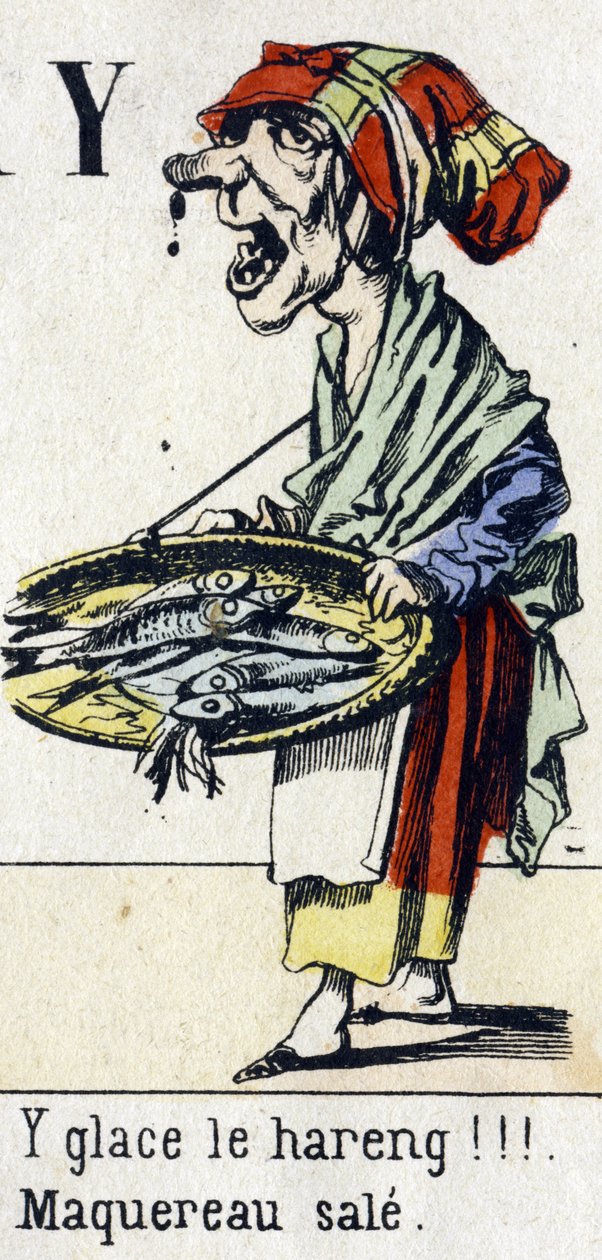 Litera Y: "lód śledzia!!! Brudna makrela". Alfabet „Zabawa dzieci”. Obraz Epinal, około 1890. Popularny serial. Mała broszura 8 stron. Matrycowane drzeworyty na temat małych ulicznych metier i krzyków Paryża autorstwa Unbekannt