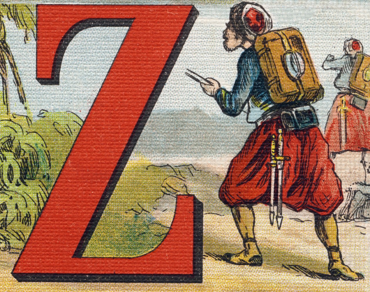 Litera Z: żuaw. Grawerowanie w "Alfabet de ma petite fille". Bernardin-Bechet i Fils, księgarz-wydawnictwo, Paryż, ok. 1895. Niezniszczalny album na płótnie. Bibliotheque des Bebes. 12 stron. Album zawierający sposób czytania i ilustracyjną abecedę autorstwa Unbekannt