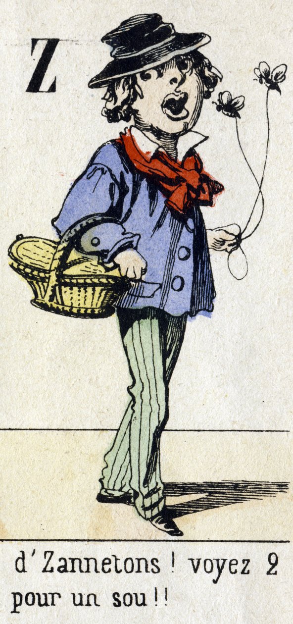 Litera Z: "przez Zannetons! Zobacz 2 za grosz!" "Alfabet "Zabawa dla dzieci". Obraz Epinal, około 1890. Popularny serial. Mała broszura 8 stron. Matrycowane drzeworyty na temat małych ulicznych metier i krzyków Paryża autorstwa Unbekannt