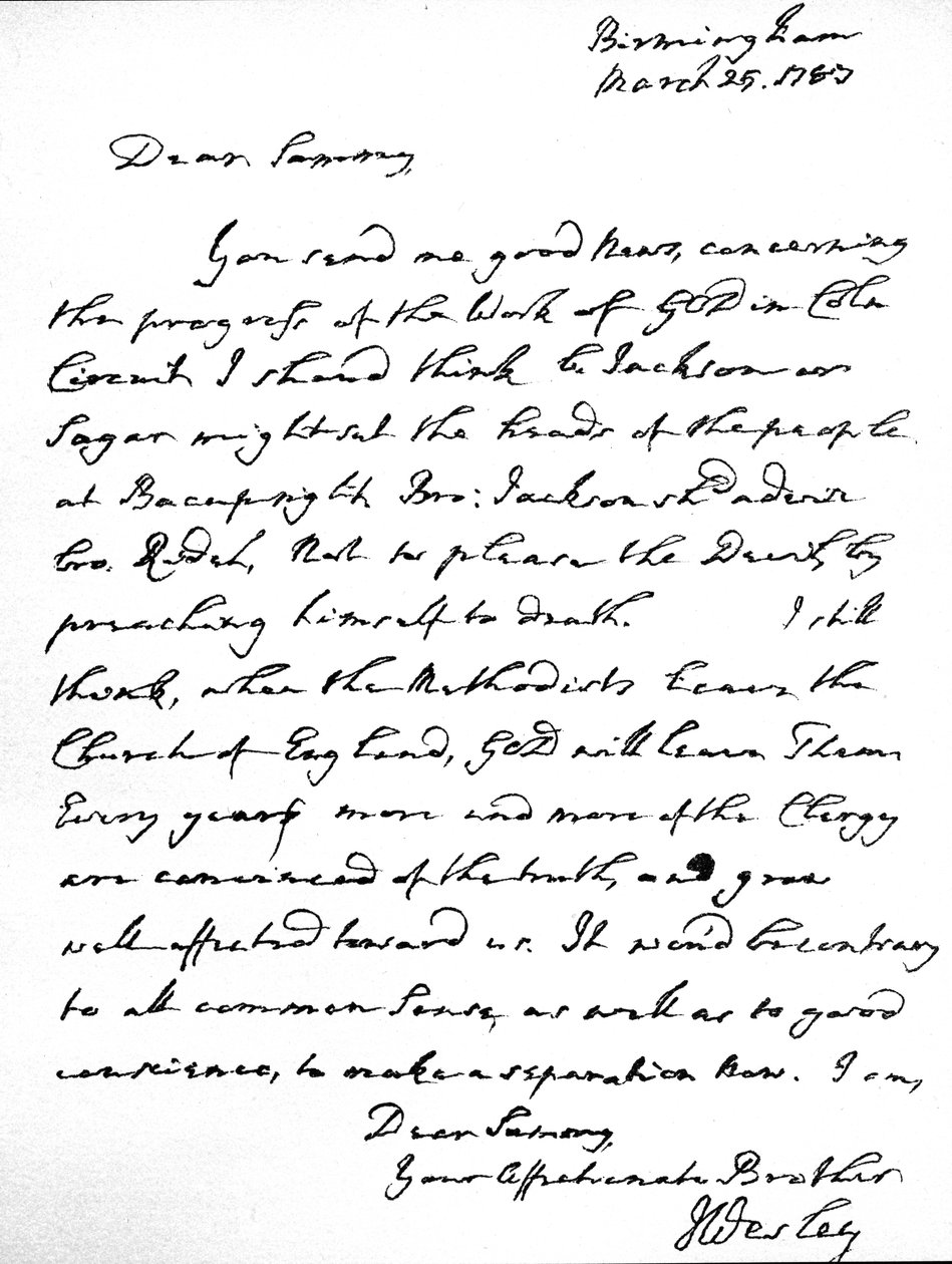 List Johna Wesleya do Samuela Bradburna, wyrażający jego zdecydowaną opinię, że metodyści nie powinni opuszczać Kościoła anglikańskiego. napisany w Birmingham, 25 marca autorstwa Unbekannt