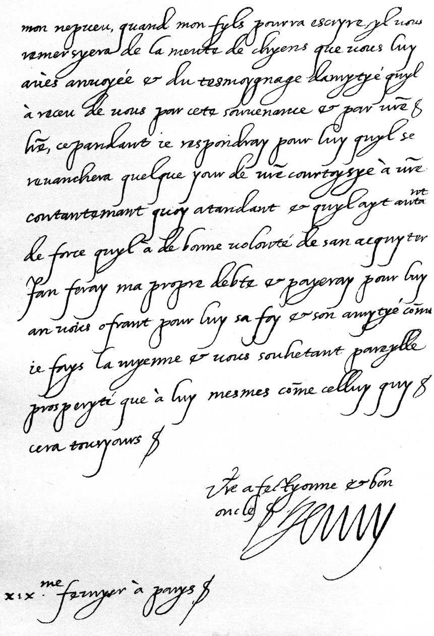 List od króla Francji Henryka IV do Henryka, księcia Walii, z podziękowaniem za podarunek sfory ogarów dla syna, delfina, który jest zbyt młody, by pisać osobiście, napisany w Paryżu autorstwa Unbekannt
