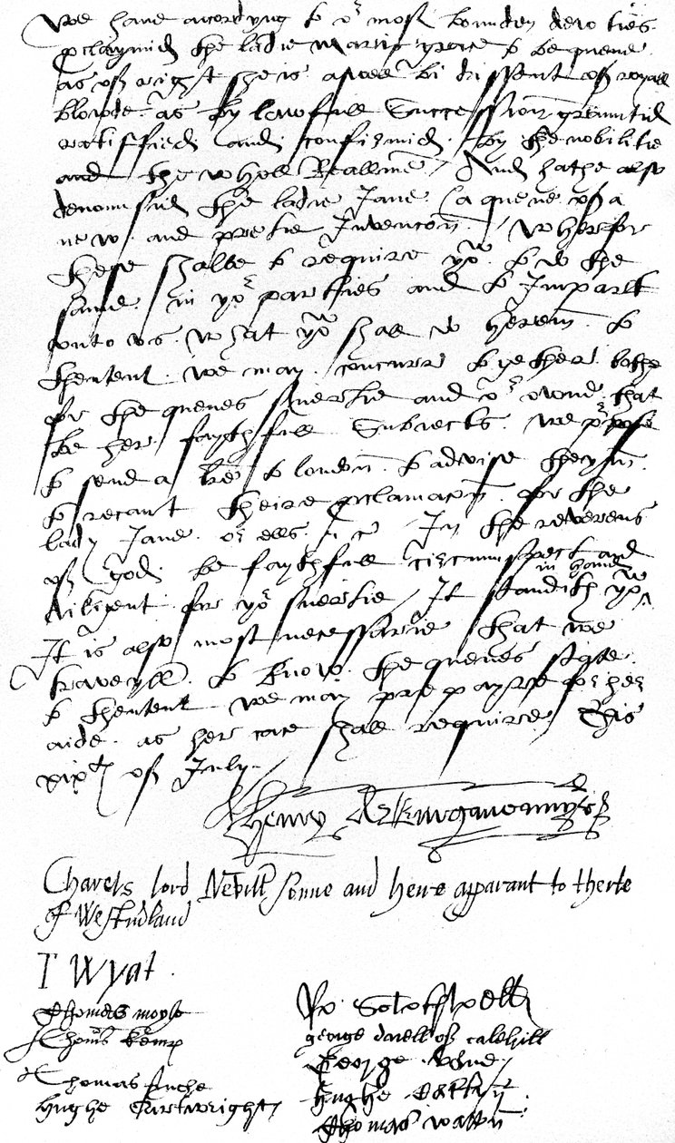 List zwolenników Królowej Marii I w Kent do Sir Nicholasa Pelhama i dżentelmenów z Sussex, ogłaszający proklamację Lady Mary jako Królowej i potępiający Lady Jane Grey autorstwa Unbekannt