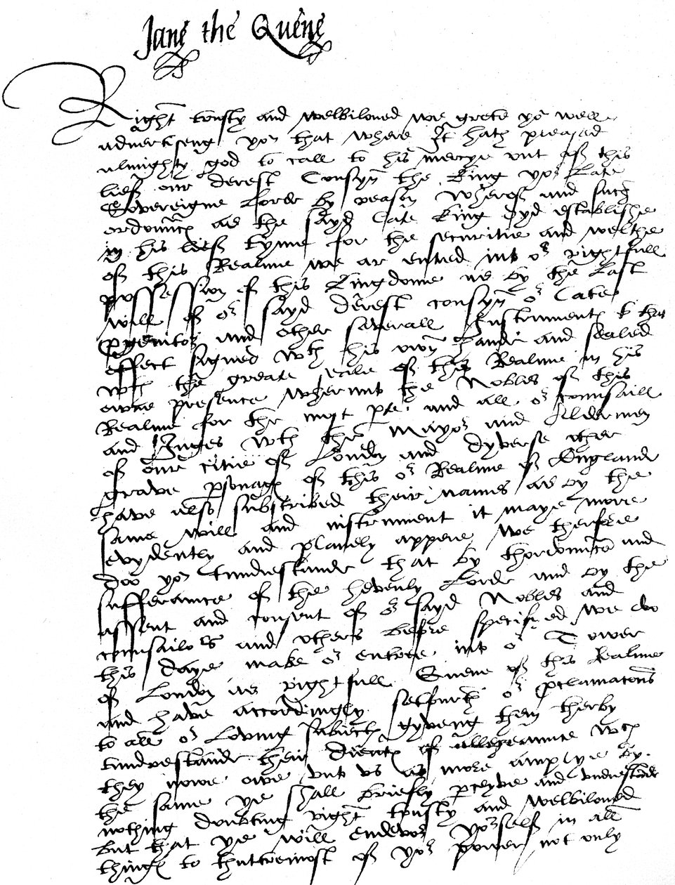 List podpisany przez Lady Jane Grey do Williama Parra, markiza Northampton, ogłaszający jej wstąpienie na stanowisko królowej i żądający jego posłuszeństwa i pomocy przeciwko Lady Mary, „bękartowej córce naszego stryjecznego wuja Henry’ego Theighta, słynne autorstwa Unbekannt