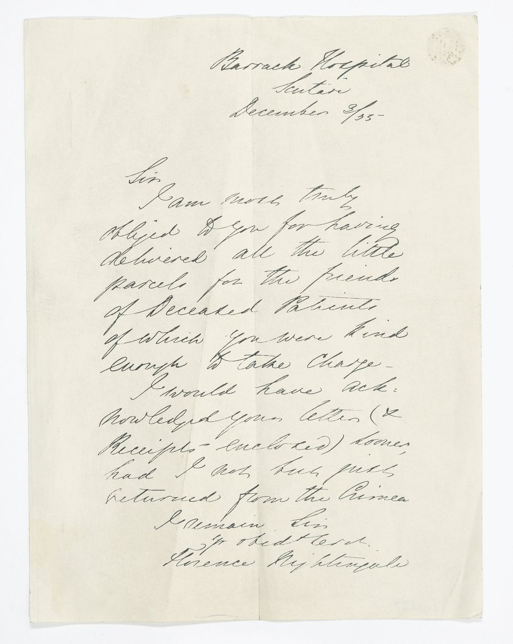 List napisany przez Florence Nightingale, podczas pobytu w szpitalu Barrack, Scutari (atrament na papierze) autorstwa Unbekannt