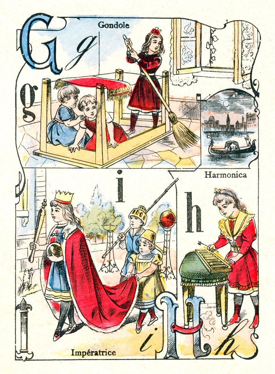 Litery G, I i H. Dzieci bawiące się w gondoli, imperatrice i harmonijce. Grawerowanie w „Fun Alphabet”. Obrazowanie Pont-a-Mousson. Druk i wydawnictwo Louis Vagne, koniec XIX wieku autorstwa Unbekannt