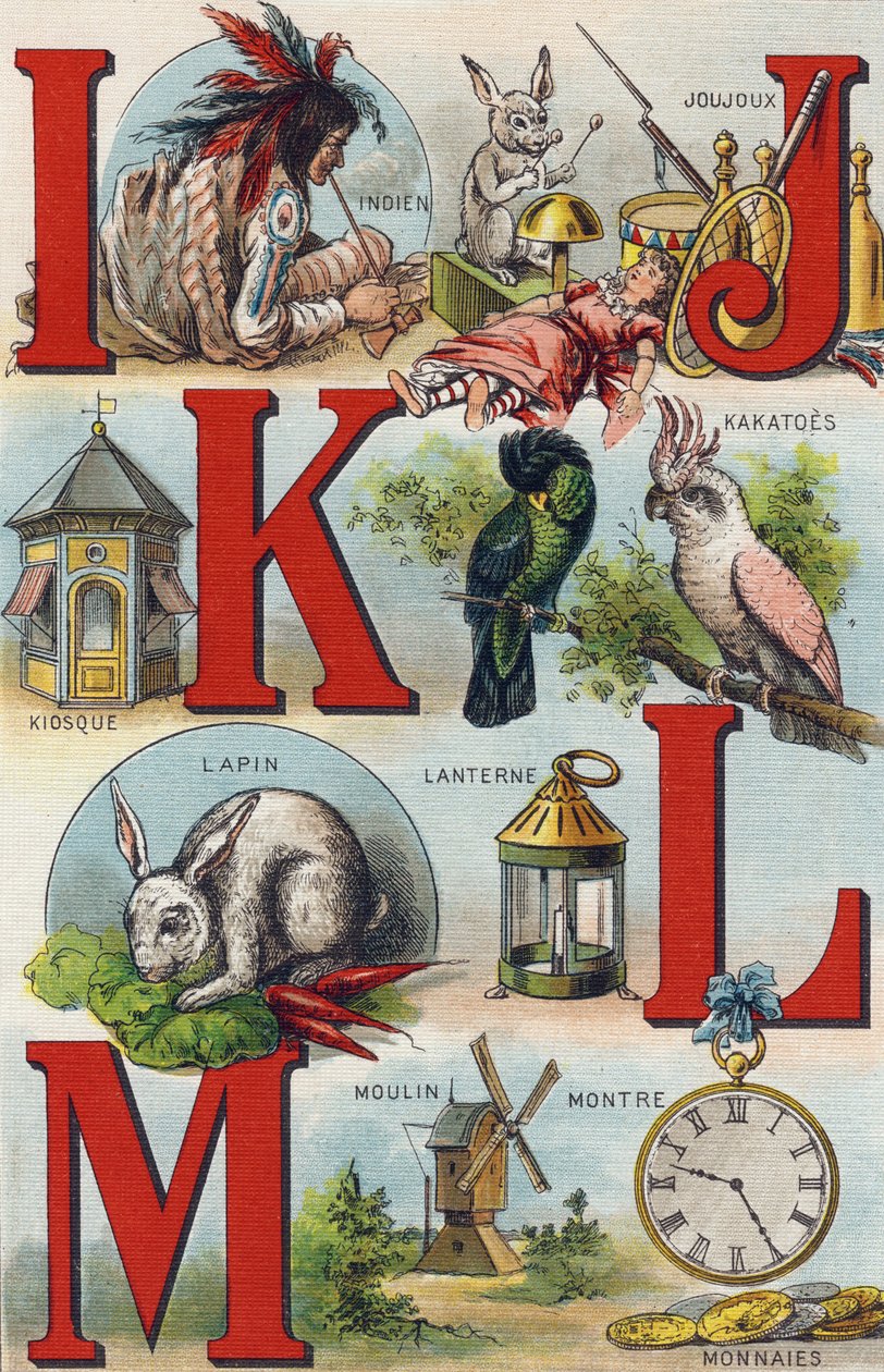 Litery I J K L; Indyjski; Zabawki; Kakato; Kiosk; Latarnia; Królik; Oglądaj monety; młyn. Grawerowanie w „Alfabecie mojej wnuczki”. Bernardin-Bechet i Fils, księgarz-wydawnictwo, Paryż, ok. 1895. Niezniszczalny album na płótnie. Biblioteka dla dzieci. 12 autorstwa Unbekannt