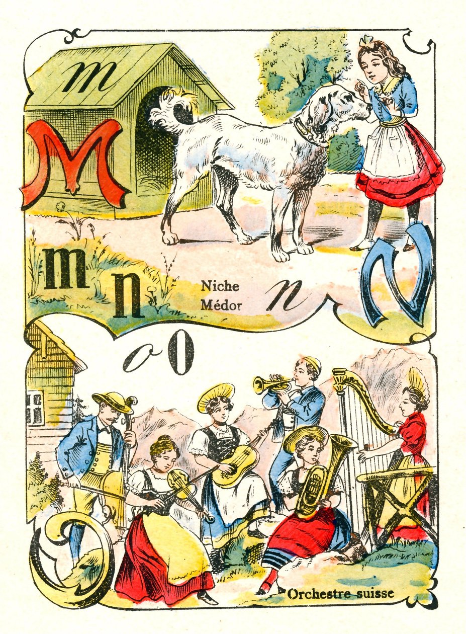 Litery M N i O jako Medor, Niche i Swiss Orchestra. Grawerowanie w „Fun Alphabet”. Obrazowanie Pont-a-Mousson. Druk i wydawnictwo Louis Vagne, koniec XIX wieku autorstwa Unbekannt