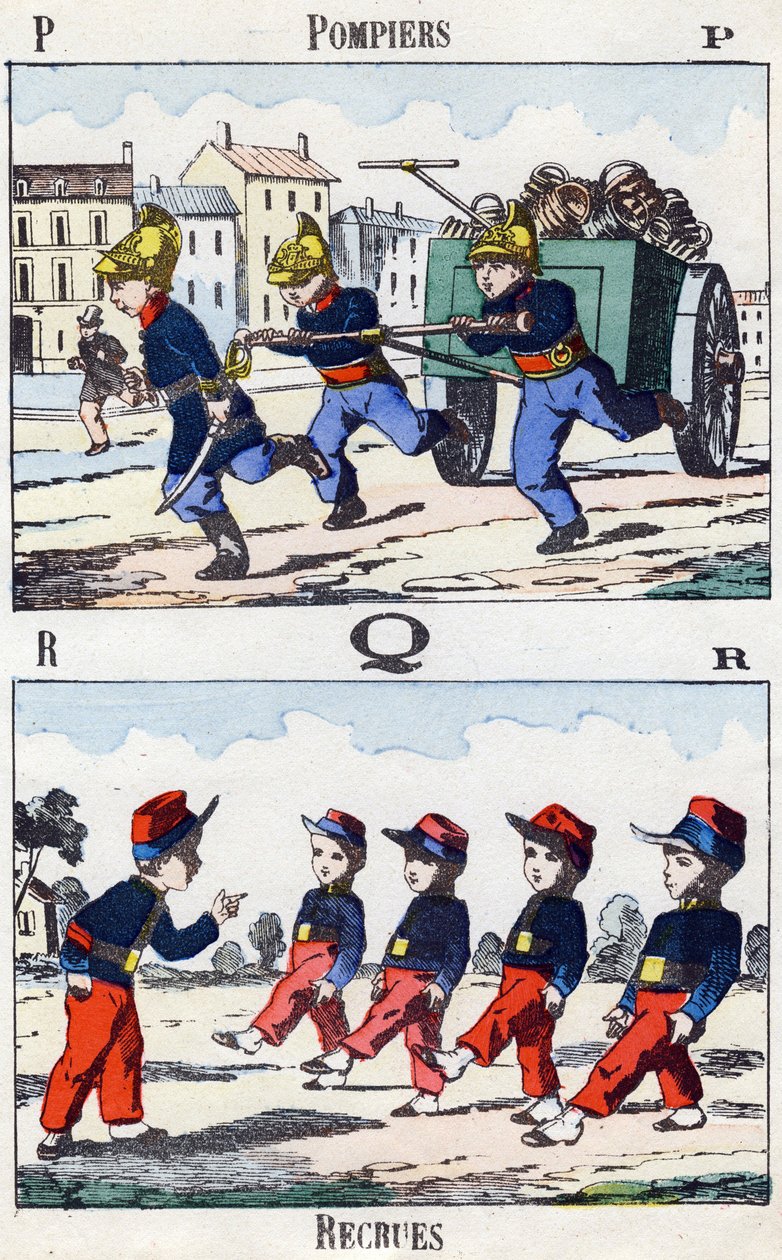 Litery P Q R: Strażacy i Rekruci. Grawerowanie w „Alphabet militaire enfantin””. Zdjęcie Pont-a-Mousson, około 1890. 20 stron. Wymiary: 28,5x21cm autorstwa Unbekannt
