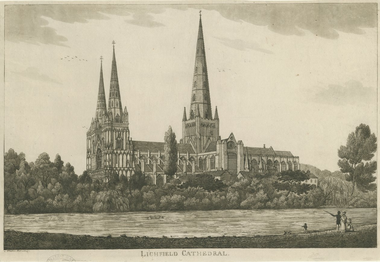 Katedra w Lichfield - widok na południe: rycina akwatinty, bd [c 1820-1830] autorstwa Unbekannt