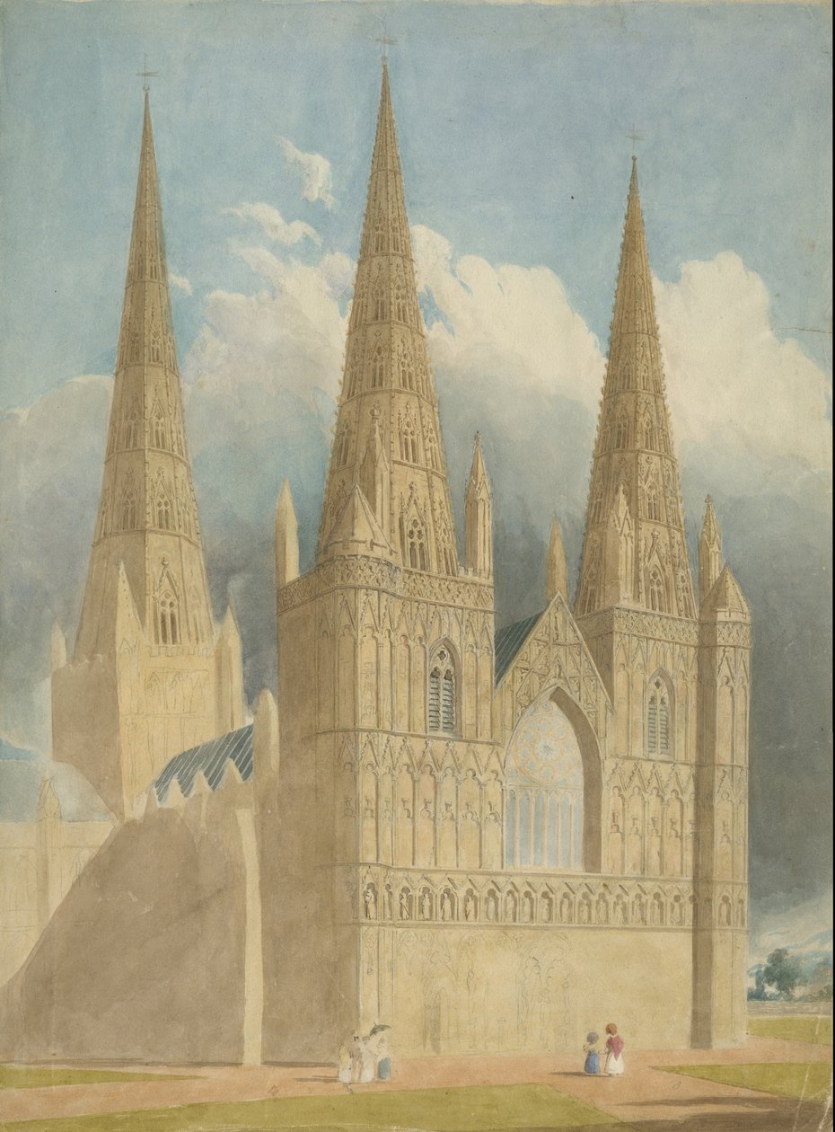 Katedra w Lichfield - Front Zachodni: malarstwo akwarela i [ok. 1840] autorstwa Unbekannt