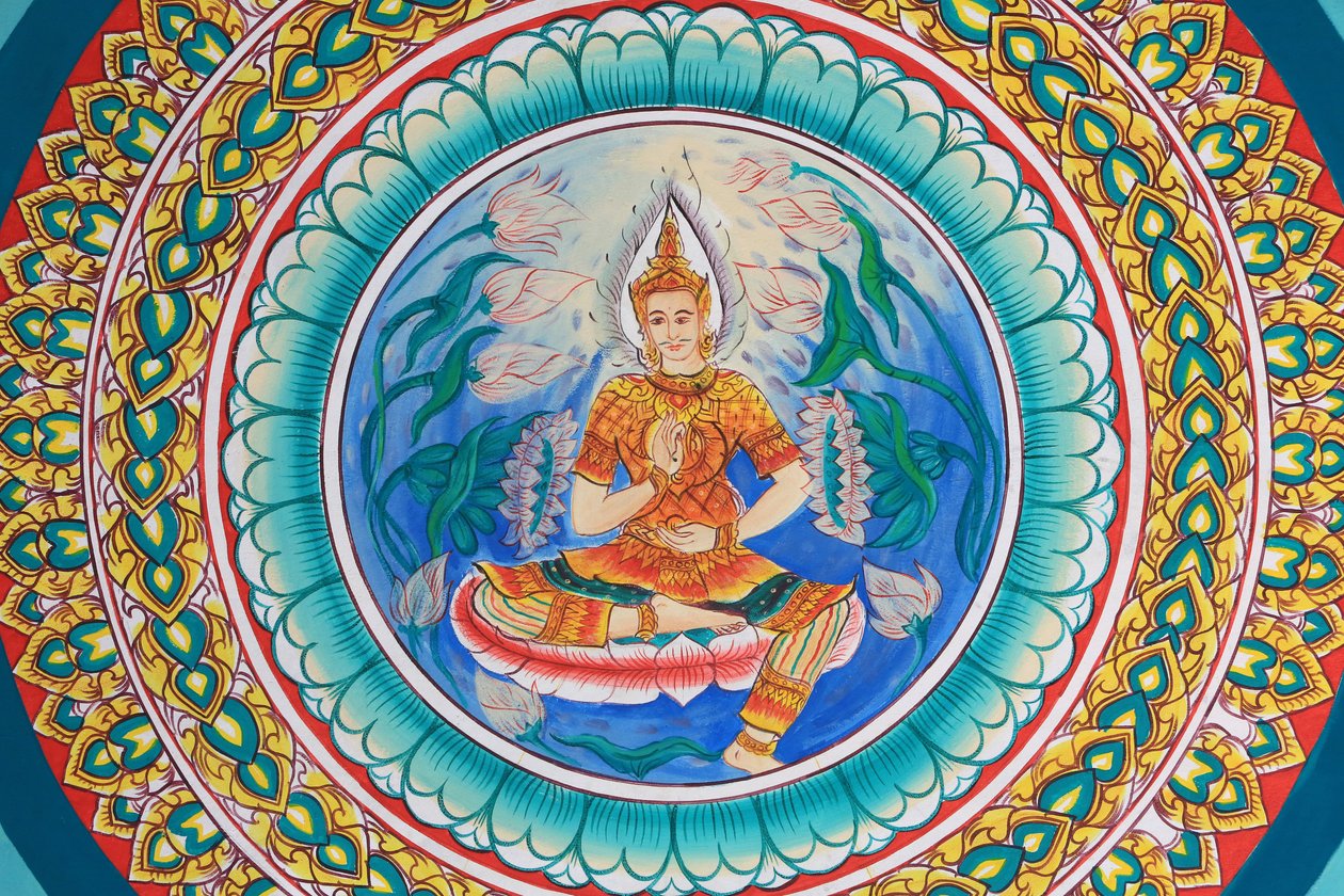 Życie Buddy. Grafika na suficie przedstawiająca życie Buddy. Wat Inpeng. Wientian. Laos, 20151029, Wientian, Laos autorstwa Unbekannt