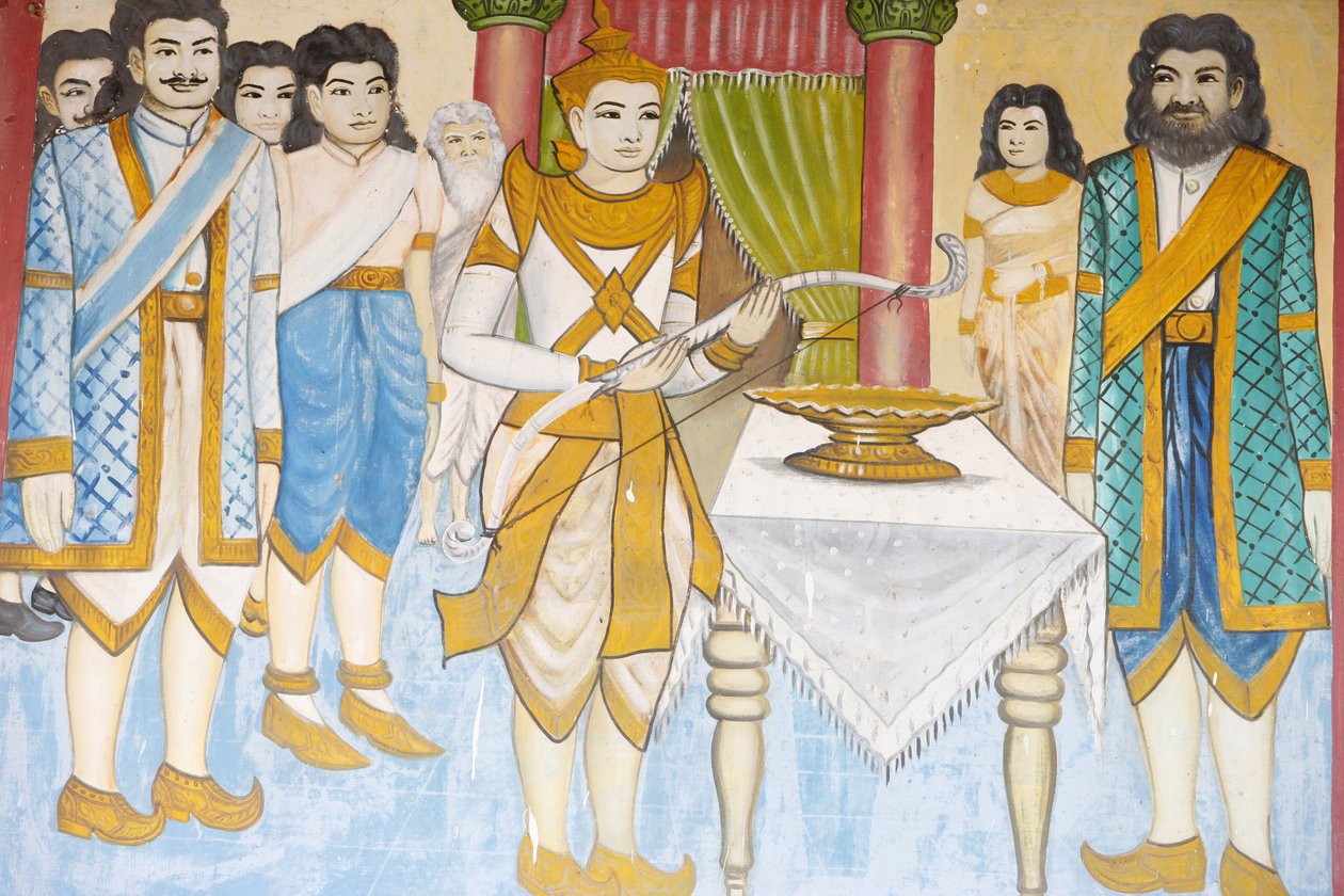 Życie Buddy Książę Siddhartha Gautama został mistrzem szermierki, zapasów i łucznictwa, Siem Reap, Kambodża autorstwa Unbekannt