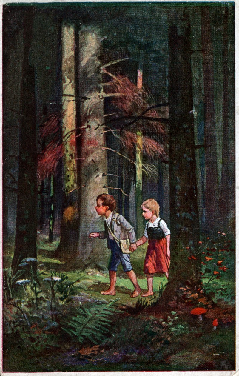 Literatura. Bajki. Jaś i Małgosia zagubieni w lesie. Ilustracja Otto Kubela do baśni o braciach Grimm. Pocztówka, Niemcy, ok. 1900 r. autorstwa Unbekannter Künstler