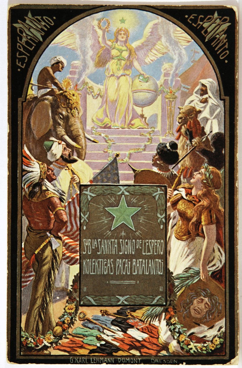 Literatura. Językoznawstwo. Alegoria Esperanto (wspólny język europejski). Pocztówka, Węgry autorstwa Unbekannter Künstler