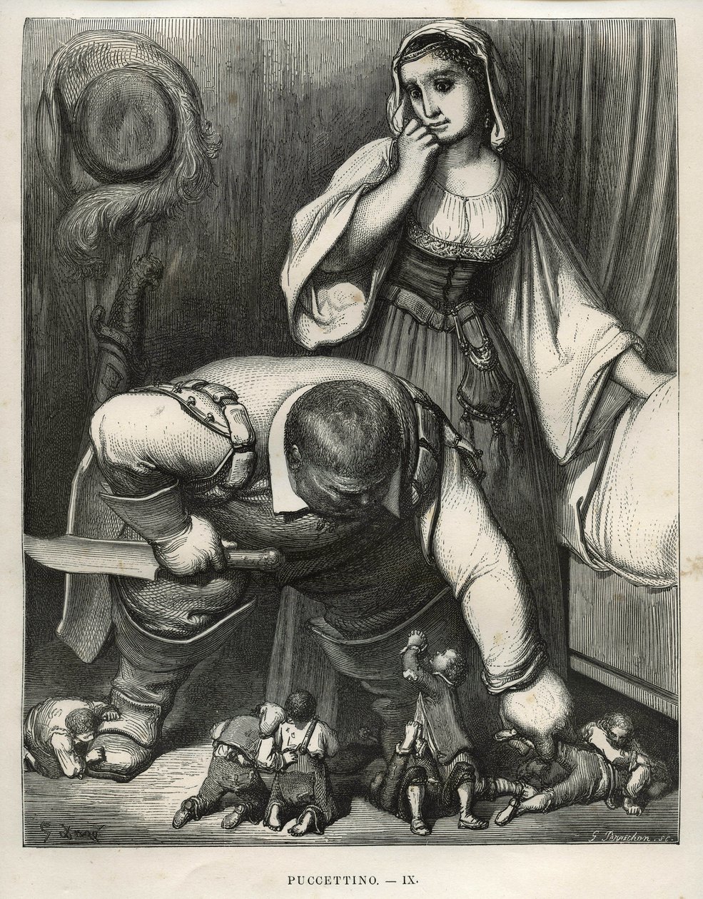 Mały Pouket i jego bracia błagali ogra, by ich nie zabijał Grawerunek Gustave Dore (1832-1883) z „”Les Tales” Charlesa Perraulta (1628-1703) autorstwa Unbekannt