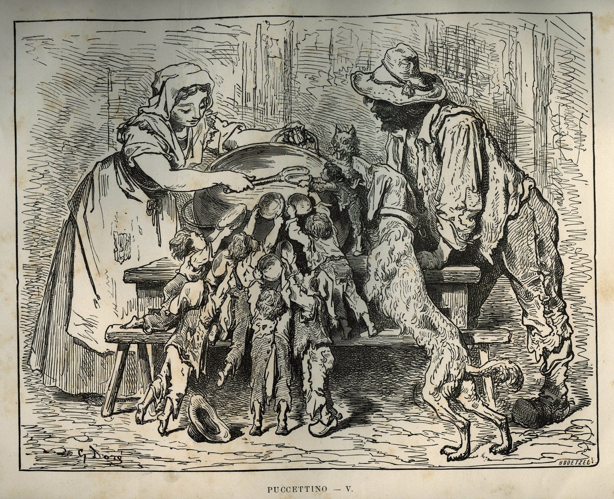 Mały Poulet i jego głodni bracia. Grawer Gustave Dore (1832-1883) z „”Les contes”” Charlesa Perraulta (1628-1703) autorstwa Unbekannt