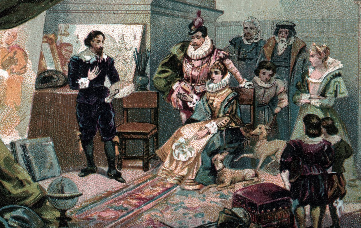 Ludwik XIII i Anna Austriaczka w pracowni Rubensa, koniec XIX wieku (chromolitografia) autorstwa Unbekannter Künstler
