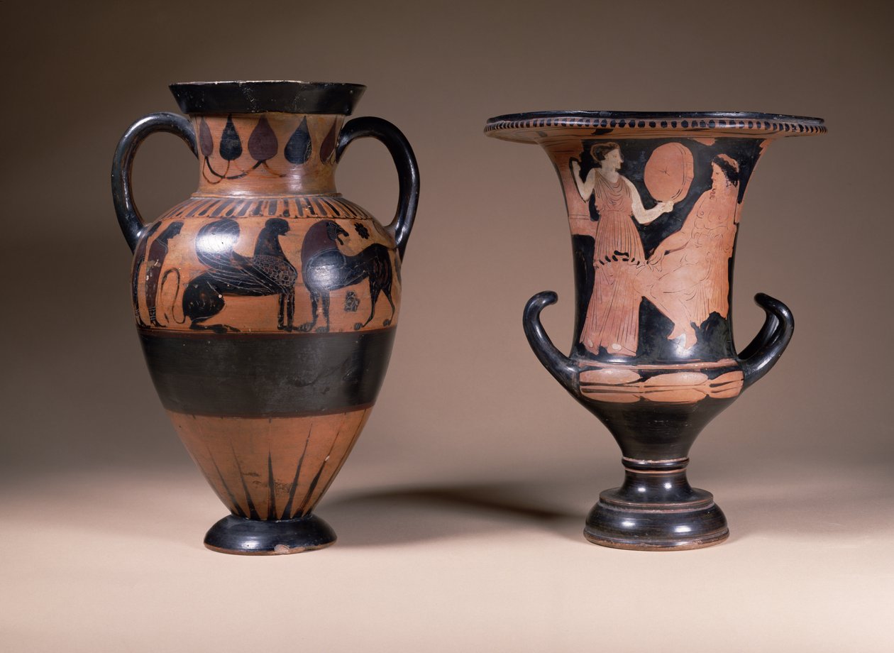 LtoR: orientalizacyjna amfora czarnofigurowa, gr., VI w. p.n.e.; czerwonofigurowy kielich-krater, grecki, południowe Włochy, IV wpne (ceramika) autorstwa Unbekannt