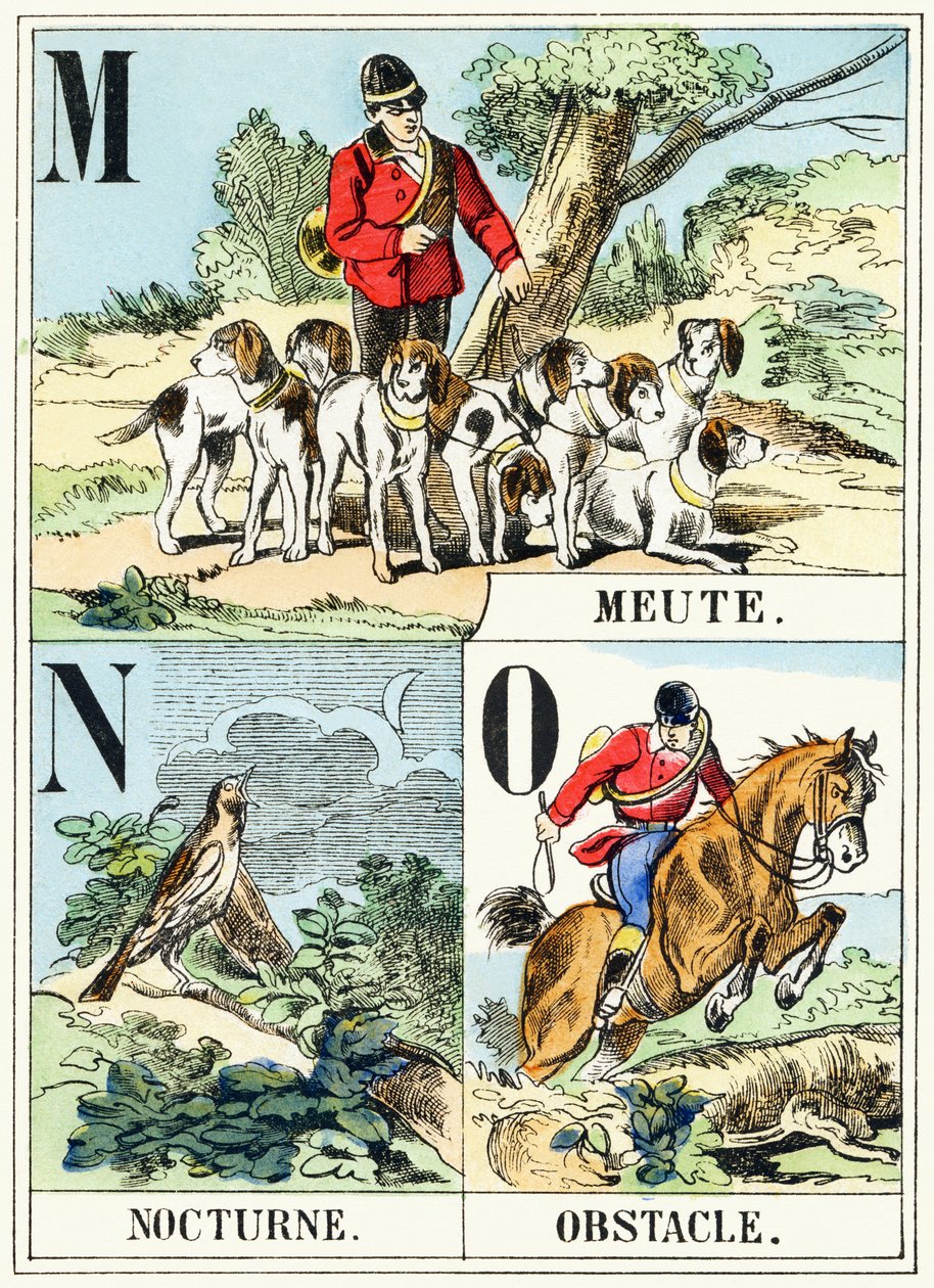 M N O : Meute, Nokturn, Przeszkoda - Alfabet myśliwski, ok. 1890 (rycina) autorstwa Unbekannt