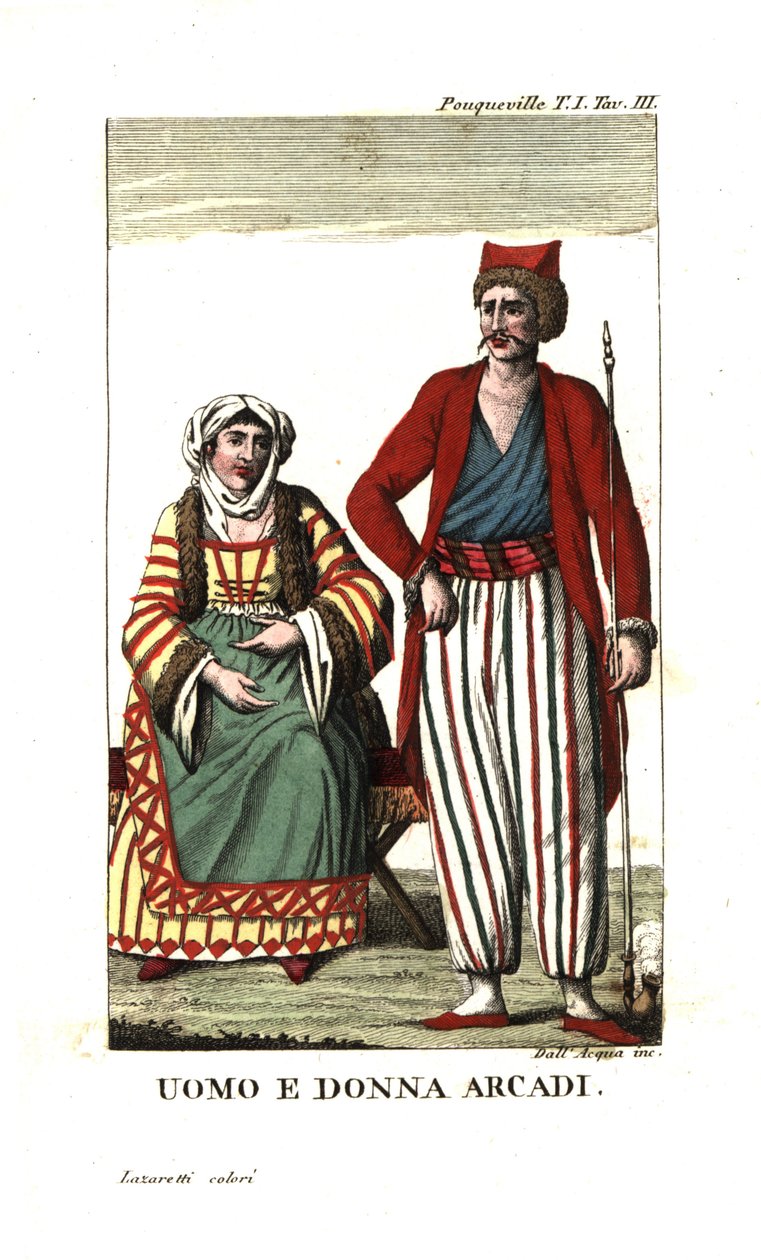 Mężczyzna i kobieta z Arkadii, Peloponez, Grecja. Ilustracja z książki Francois Pouquevilleõs Travels through More, Albania and several other parts of the Ottoman Empire. autorstwa Unbekannter Künstler
