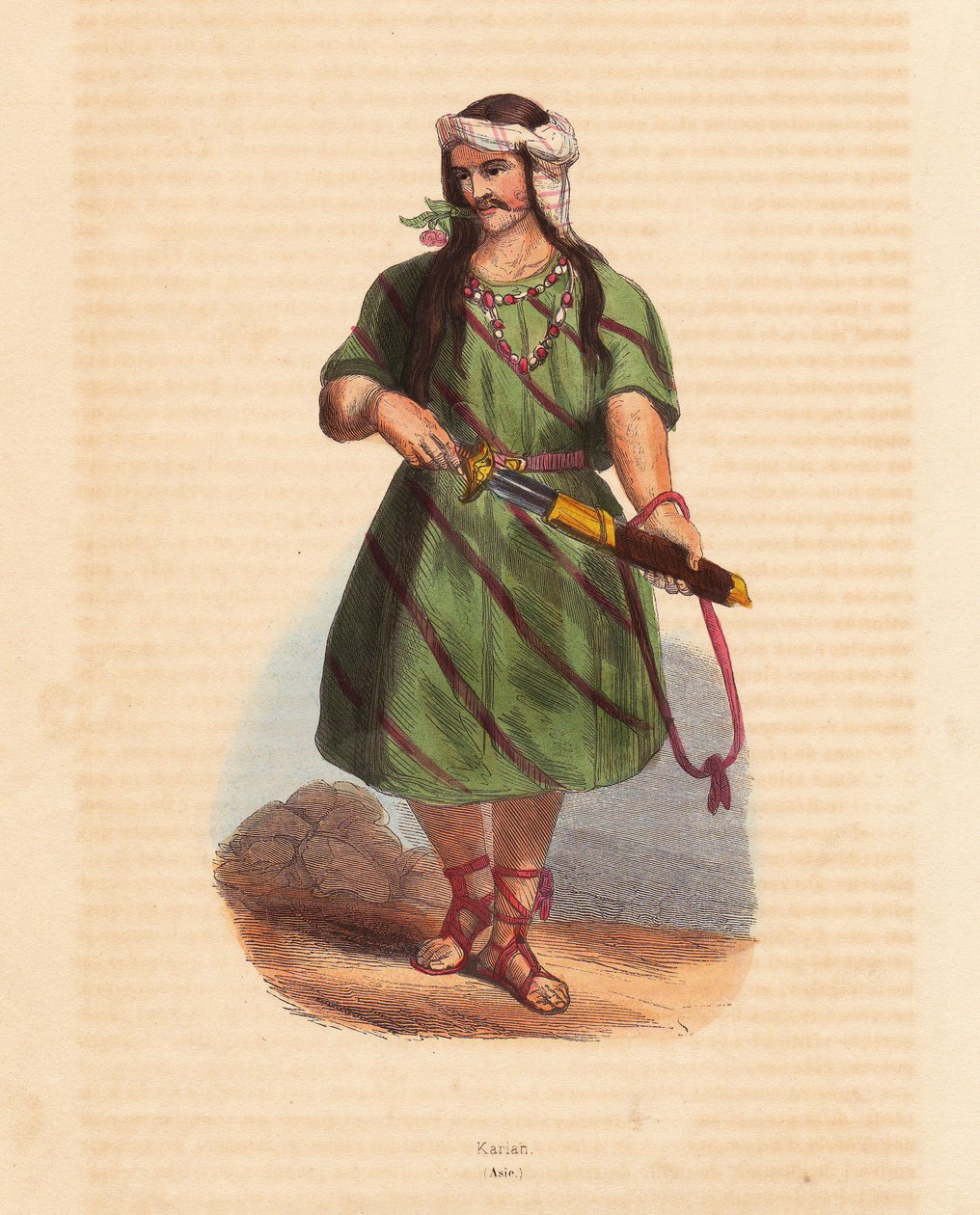 Człowiek z plemienia Karen (Karene lub Karyang) (Birma, Myanmar) - Człowiek z plemienia Karen (Karian) z południowej Birmy - Ręcznie kolorowany drzeworyt z "Mores, Uses et Costumes de tous les Peoples du Monde, Asia" Auguste