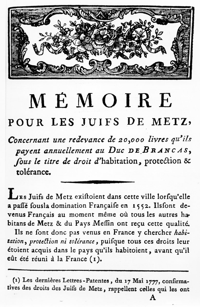 Manifest poparcia dla Żydów z Metzu popierający zniesienie podatku płaconego przez Żydów księciu Brancas, ok. 1790 (papier drukowany) autorstwa Unbekannt