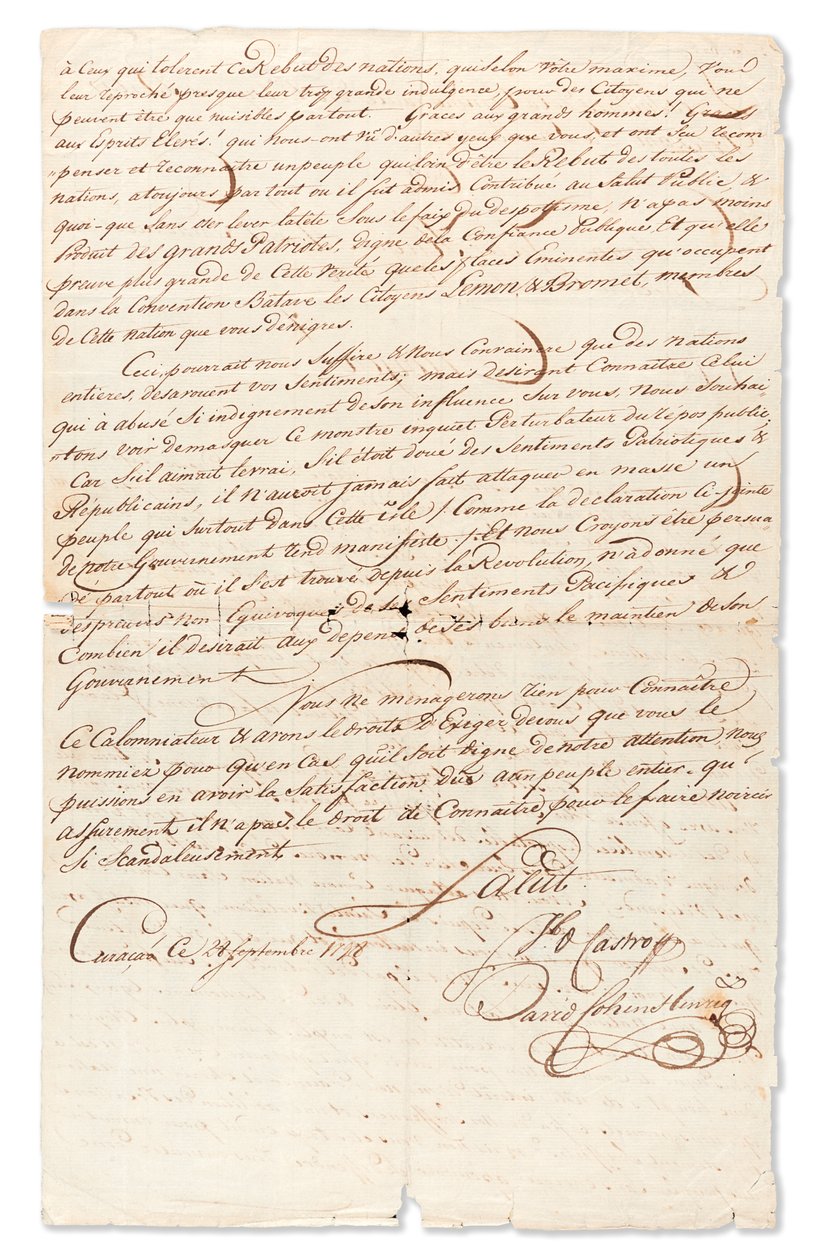 List rękopisu podpisany „Jb d Castro” i „David Cohen Henriq” do Victora Hugues specjalnego agenta Dyrektoriatu Wykonawczego na Wyspach Zawietrznych, Curaçao, 8 września 1798 r. (atrament na papierze) autorstwa Unbekannt