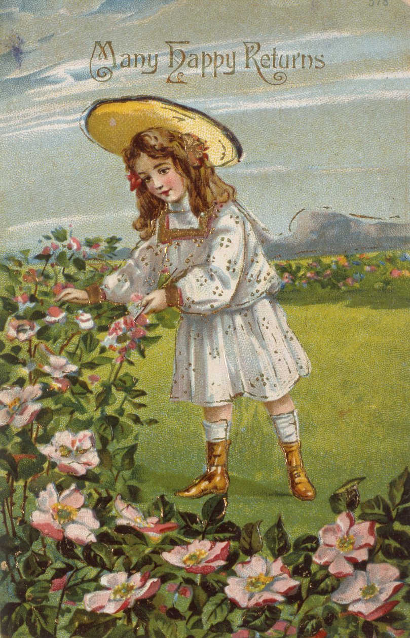„Wiele szczęśliwych powrotów”, wiktoriańska kartka urodzinowa (chromolitho) autorstwa Unbekannter Künstler