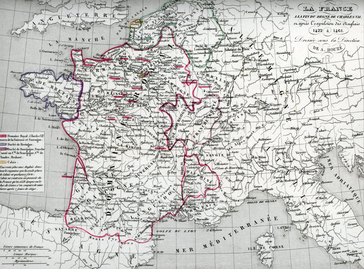 Mapa Francji w czasach króla Karola VII i po wypędzeniu Anglików w latach 1422-1461 (Mapa Francji w czasach króla Karola VII) Płyta z "Atlas Universel" Houze
