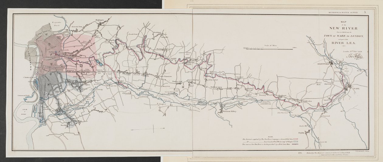 Mapa do New River desde sua nascente perto da cidade de Ware até Londres polonês autorstwa Unbekannter Künstler