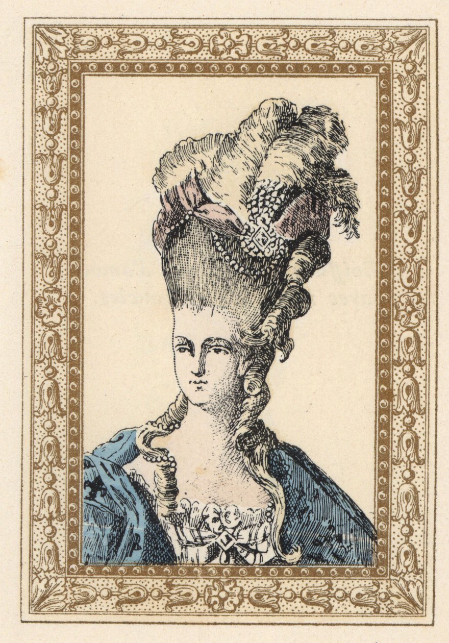 Maria Antonina, żona króla Francji Ludwika XVI, w wyszukanej fryzurze zwieńczonej wstążkami i perłami. autorstwa Unbekannter Künstler