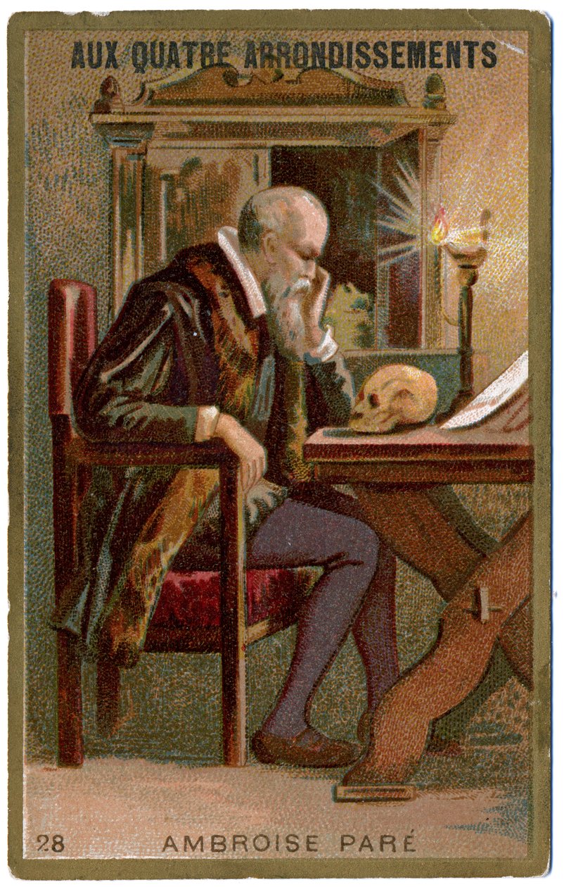 Medycyna. Francuski chirurg Ambroise Pare. Obraz z paryskiego domu towarowego: Aux Quatre Arrondissements, Francja, ok. 1900 r. autorstwa Unbekannter Künstler