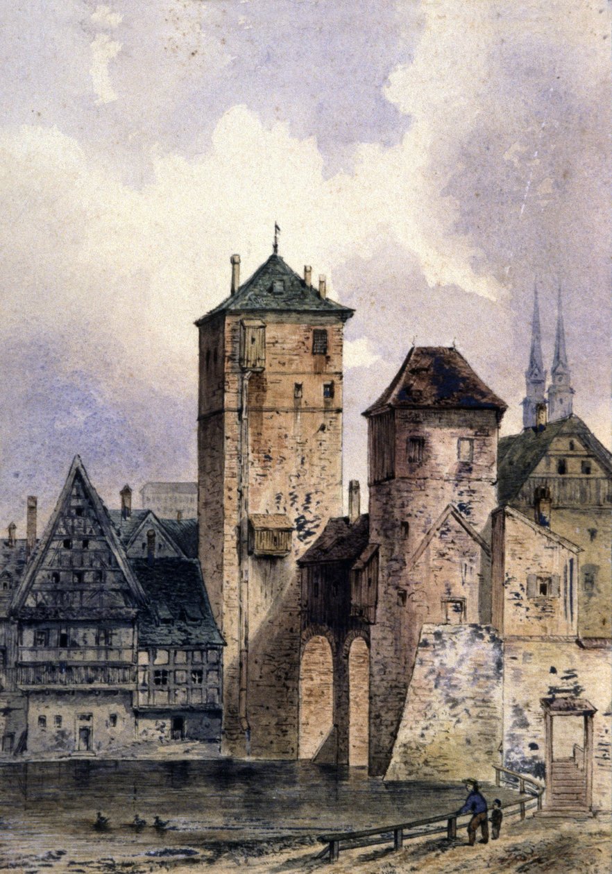 Średniowieczne miasto nad Renem, ok. 1850-1900 (akwarela) autorstwa Unbekannter Künstler
