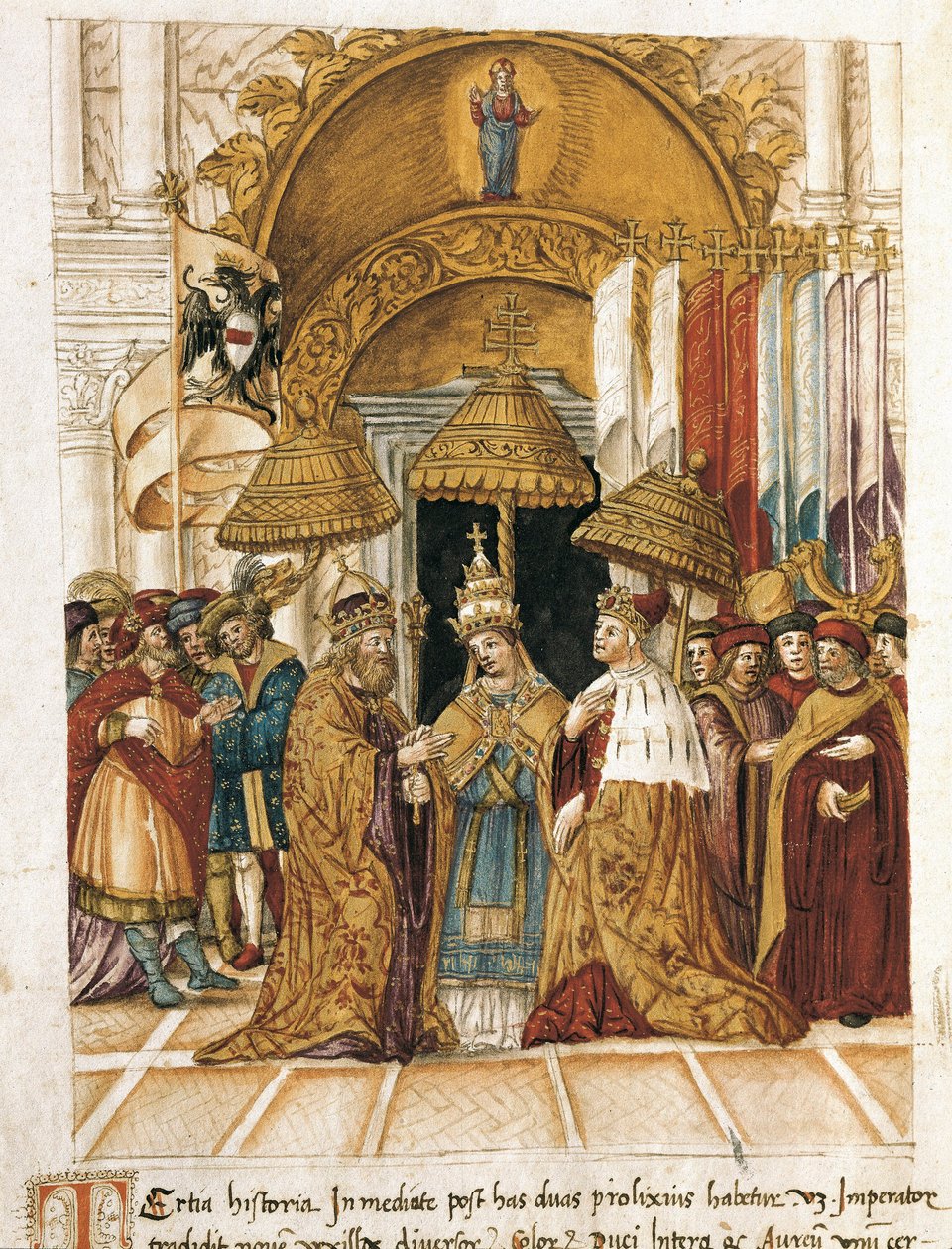 Spotkanie Fryderyka Barbarossy (Federico Barbarossa) z papieżem Aleksandrem III (Aleksander, Alessandro III) (1105-1181) w Pałacu Dożów w Wenecji w 1177 r. autorstwa Unbekannter Künstler