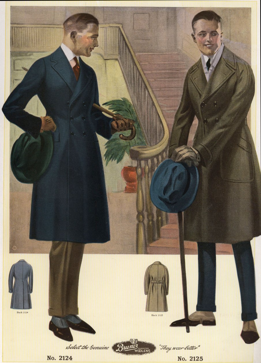 Moda męska 1920 - Mężczyźni w dwurzędowych płaszczach niosący laski i kapelusze, w spatynowanych płaszczach. Chromolitografia z katalogu mody męskiej Bruner Woolens autorstwa Unbekannter Künstler