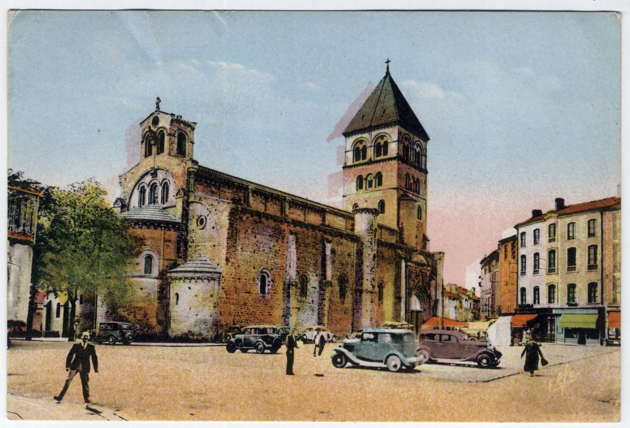 Midi Pyrenees, Haute-Garonne (31), Saint Gaudens (Saint-Gaudens): widok zewnętrzny kolegiaty św. Piotra i św. Gaudensa (Saint-Pierre i Saint-Gaudens) - pocztówka z 1951 r. autorstwa William M. Timlin
