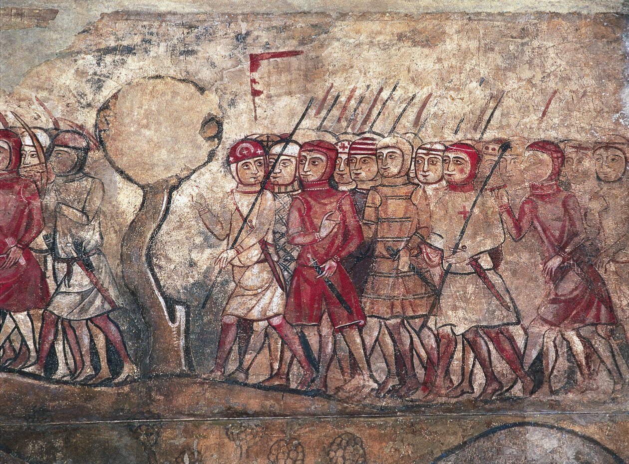 Zgromadzenie wojskowe pod przewodnictwem króla Jakuba I Aragońskiego, znanego jako Zdobywca, fresk w Palau Reial Major, Barcelona autorstwa Unbekannter Künstler