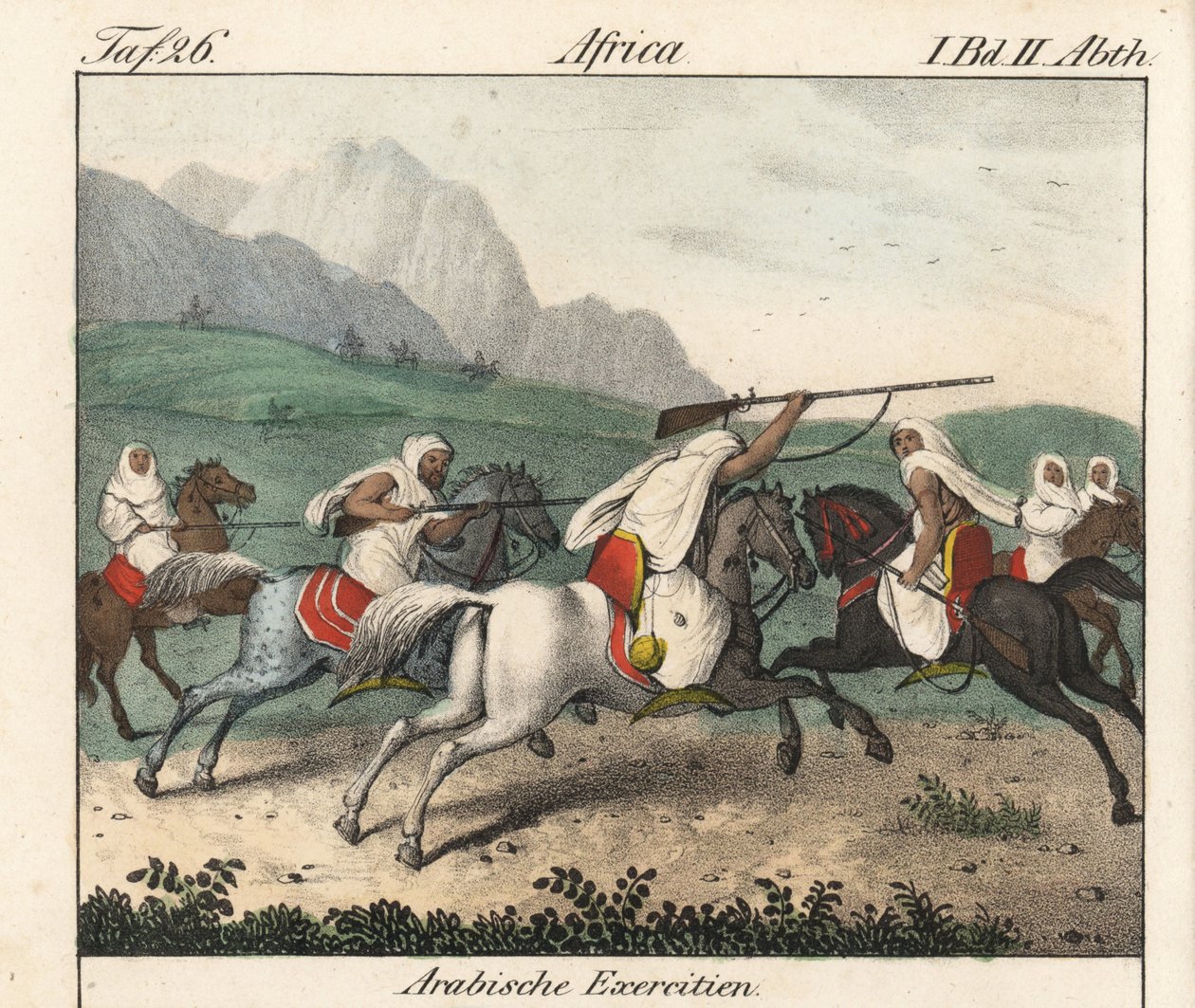 Ćwiczenia wojskowe, szarża arabskich jeźdźców. Litografia do książki: "Galerie complete en tableaux fideles des peuples d