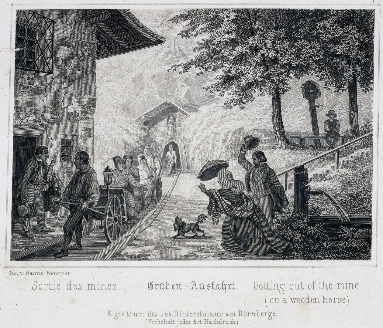 Kopalnia soli: wyjazd turystów z kopalni drewnianym pojazdem ciągniętym na szynach, w Durrnburgu, Austria, ok. 1850 r. autorstwa Unbekannt