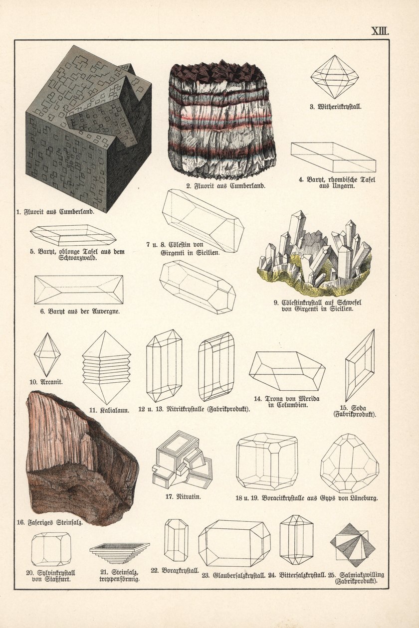 Minerały i kryształy (fluoryt, celestyn i włóknista sól kamienna) - Chromolitografia mineralogii Gustava Adolpha Kengotta (1818-1897), fragment Historii naturalnej Gotthilfa Heinricha von Schuberta (1780-1860) autorstwa Unbekannter Künstler