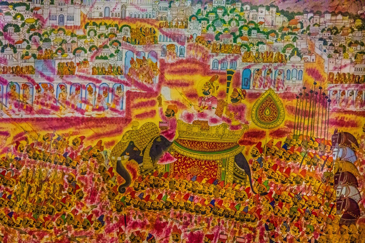 Malarstwo miniaturowe z fortu w Jodhpur, Festiwal Holi, Mandawa, Radżastan, Indie, Azja (zdjęcie) autorstwa Unbekannter Künstler