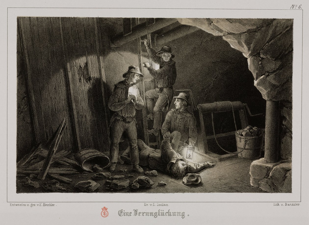 Górnictwo, wypadek przy kopalni rud metali, Niemcy, ok. 1851 r. autorstwa Unbekannt