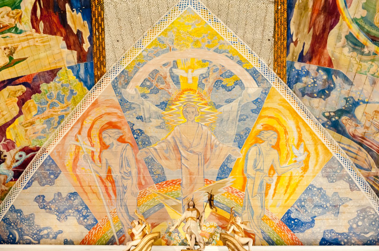 Sztuka współczesna; kolorowy obraz sufitowy Lou Mohra; „””” Trójca””””; 1938; obraz Jezusa Chrystusa w katedrze w Oslo; Olso Domkirke; Osło; Norwegia; Skandynawia; Północna Europa; Europa autorstwa Unbekannt