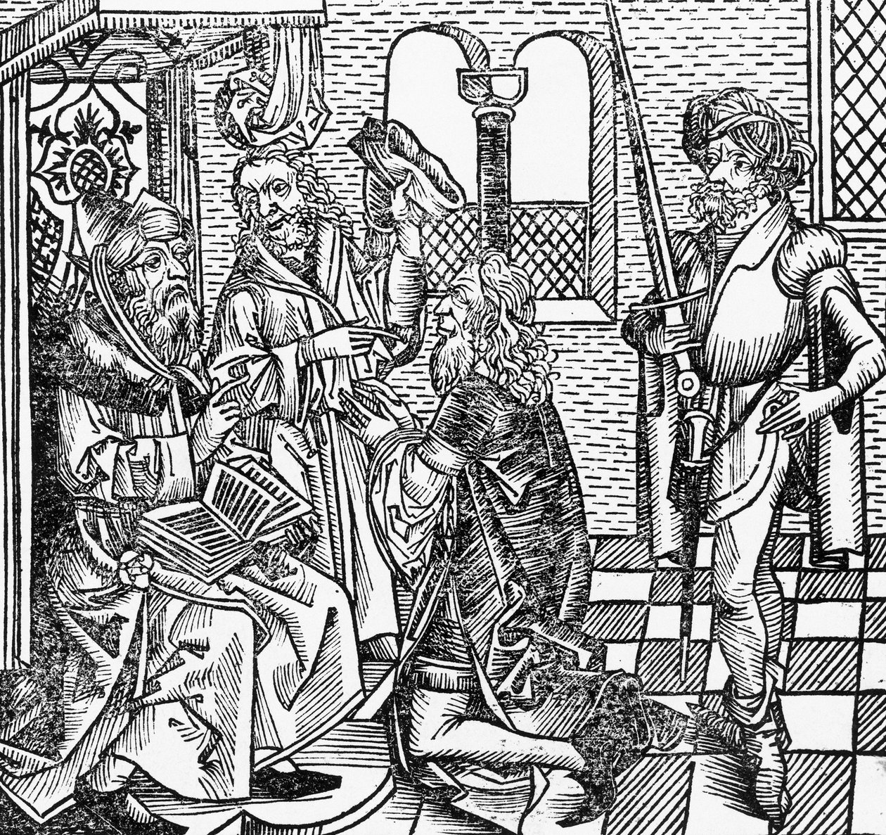 Mahomet na dworze, drzeworyt niemiecki, z Kroniki Norymberskiej (Liber Chronicarum) Hartmanna Schedla autorstwa William M. Timlin