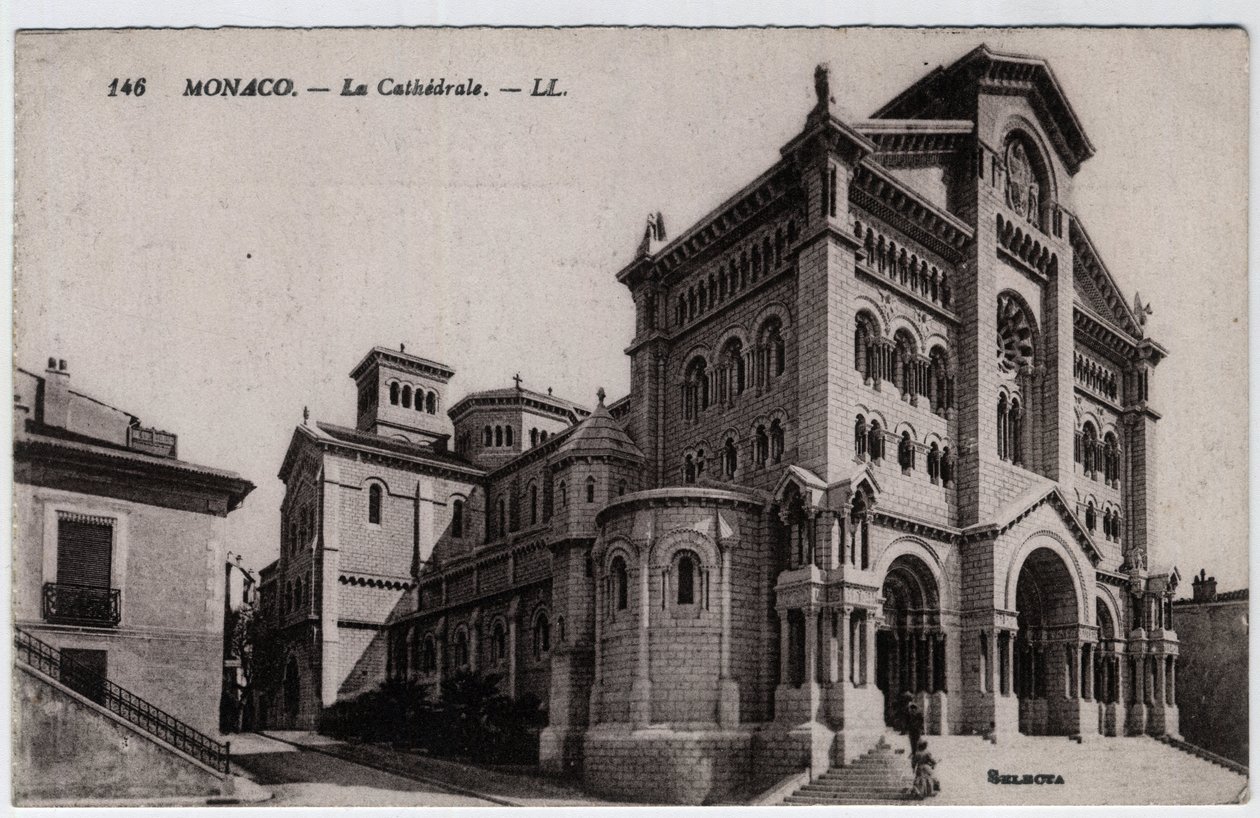 Monako: widok zewnętrzny katedry Notre Dame Immaculee (Notre-Dame-Immaculee) - Pocztówka z końca XIX-XX wieku autorstwa William M. Timlin