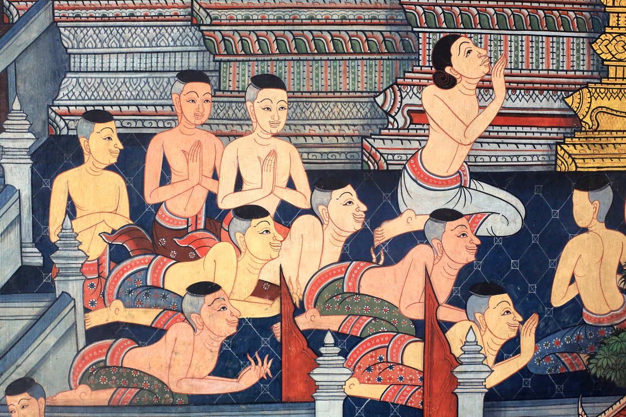 Mnisi. Detal ścienny na wewnętrznych ścianach Vihary z czasów króla Ramy III przedstawiający Ramakien. Wat Pho - Wat Phra Chetuphon. 1788. Bangkok. Tajlandia autorstwa Unbekannt