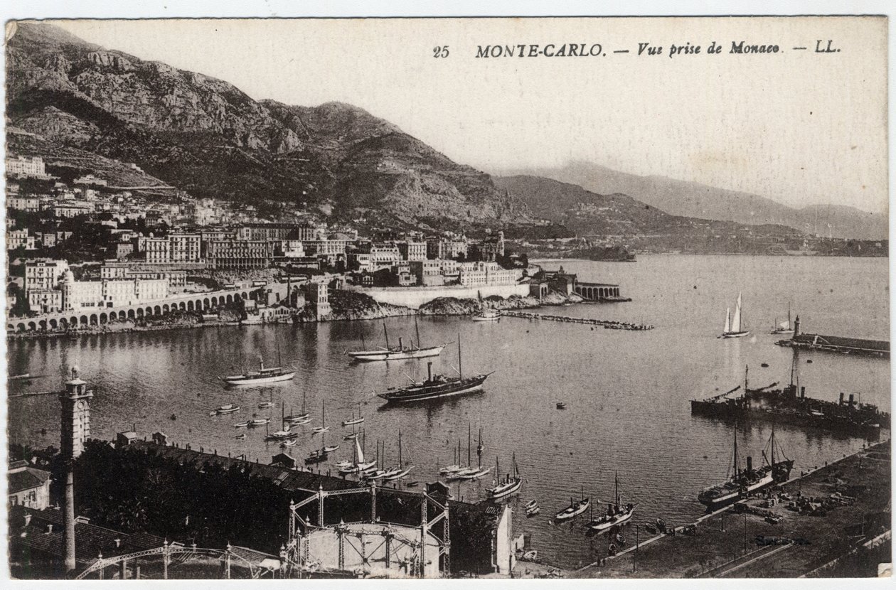 Monte Carlo (Monte-Carlo): Widok na miasto zaczerpnięty z Monako - Pocztówka z końca XIX-XX wieku autorstwa William M. Timlin