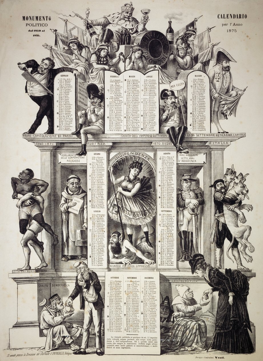 Monumentalny kalendarz polityczny, rok 1875, Giorgio Ansaldi, u dołu po lewej, odręczny napis Grossi Augusto, założyciela gazety satyrycznej Il Pappagallo (Papuga), Włochy autorstwa William M. Timlin