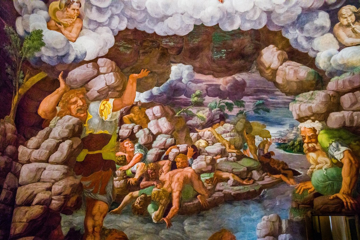 Najsłynniejszy fresk manieryzmu: iluzja Giulio Romano wymyśla kopułę i rozpuszcza architekturę pokoju w upadku gigantów, Hall of the Giants autorstwa Unbekannter Künstler